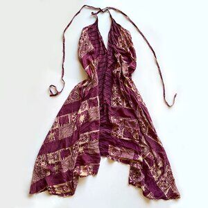 Sunchild Classic Silk Dress One Size Purple Batik Print Boho Halter Maxi Dress